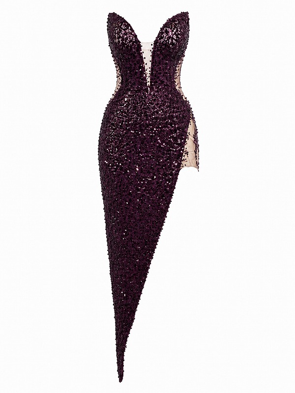 【新品DRESS 1336】総スパンコールサイドシアーアシンメトリータイトミディアムドレス パープル